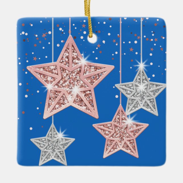 2-sided Bright Christmas Quote Hanging Stars Blue  Ceramic Ornament (Front)