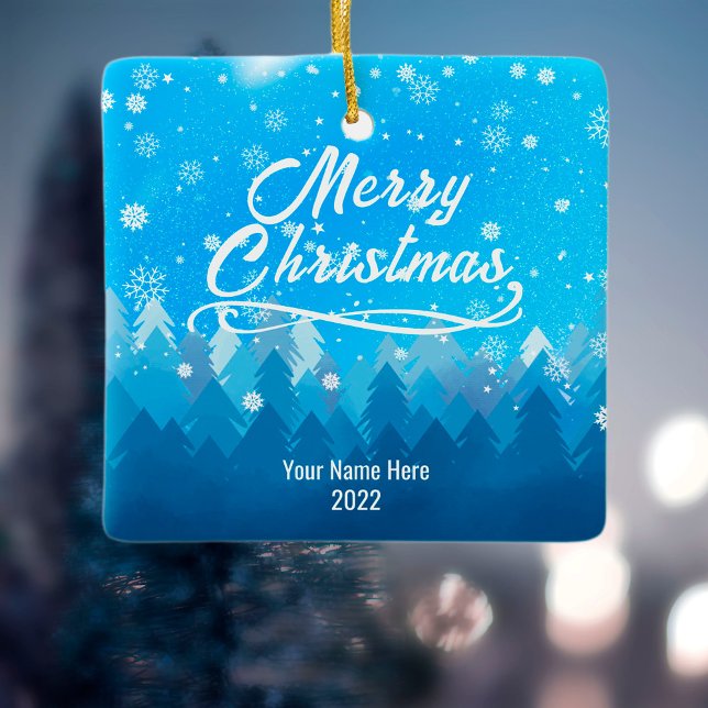 2-sided Custom Blue Snow & Forest Merry Christmas  Ceramic Ornament (Creator Uploaded)