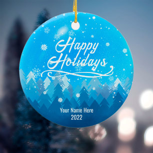 2-sided Custom Blue Snow & Forest Merry Christmas Ceramic Ornament