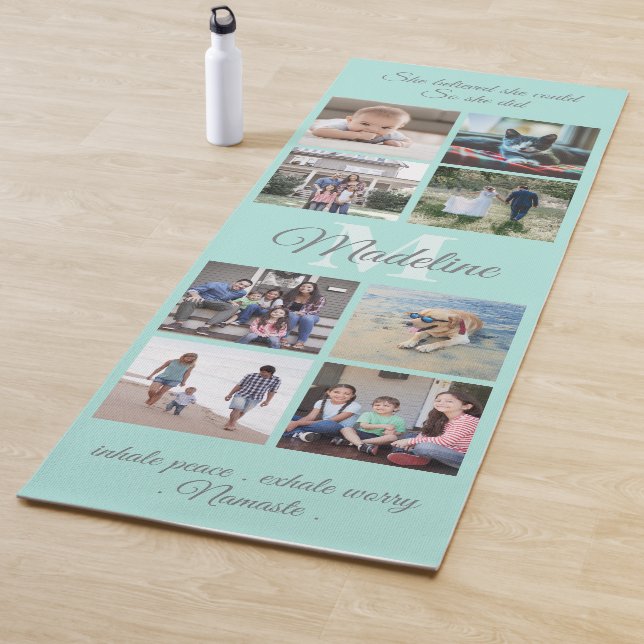 2 Sided Custom Mantra Teal Blue Monogram 16 Photo Yoga Mat (In Situ)