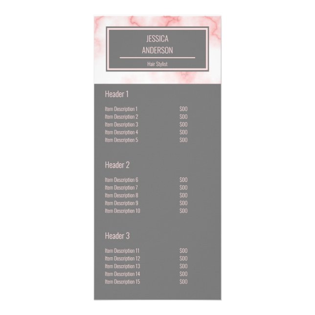 2-sided Faux Pink Marble & Grey Hair Stylist Rack Card (Front)