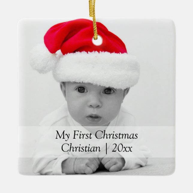 2 Sided First Christmas Black Text Personalized Ceramic Ornament (Front)