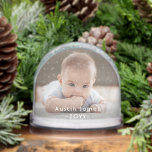 2 Sided Modern Photo & White Text Overlay Keepsake Snowglobe<br><div class="desc">Give the gift of special memories with a simply elegant 2 photo snow globe. This template is set up for a baby, but is easy to personalize with a family, friend or pet's name, a wedding couple's monogrammed initials, or any wording of your choice. The colours and font style can...</div>