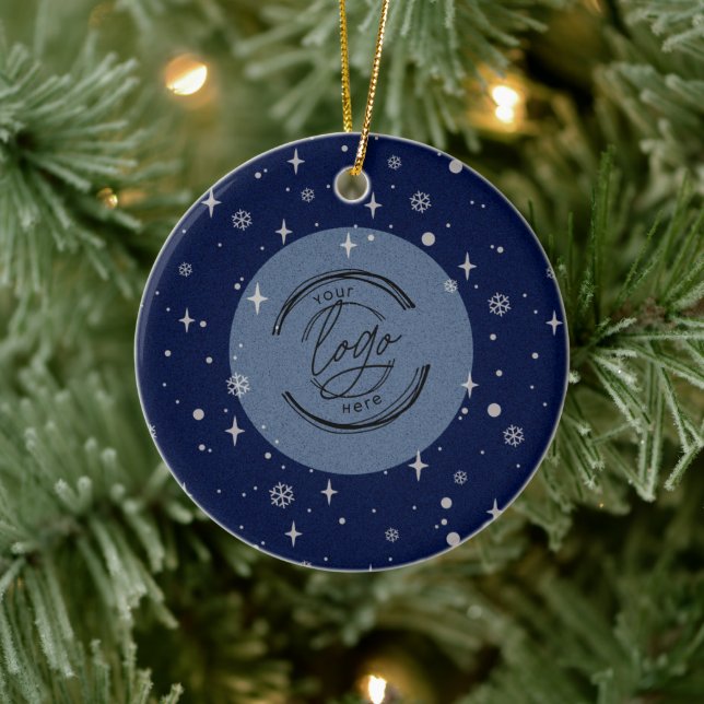 2 sides Business Logo and QR code Blue Christmas Ceramic Ornament (Tree)