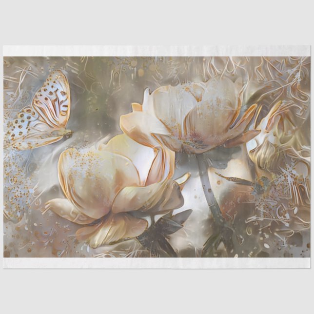 2 Silk Gold White Unique Roses Art Dream Tissue Paper (Front)