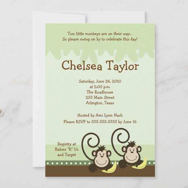 2 Silly Monkeys TWIN GIRLS Monkey Baby Shower Invitation (Front)