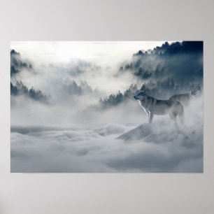 2 Snow Wolves in Winter Mountains   Photo Poster