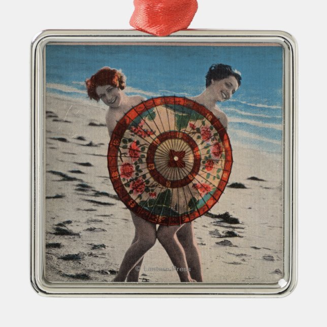 2 Sunbathing Women & Asian Umbrella, Florida Metal Ornament (Front)
