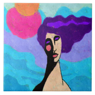 2 Suns Abstract Digital Painting of a Woman Tile