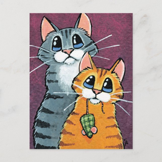 2 Tabby Cats with Toy Mouse Illustration Postcard (Front)
