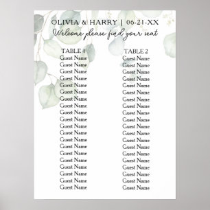 2 Table Watercolor Ecalyptus Wedding Seat Chart