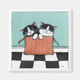 2 Tuxedo Cats in a Box | Cat Art Magnet