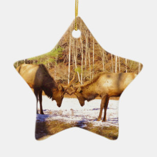 2~ two Bull Elk in the snow Ceramic Ornament