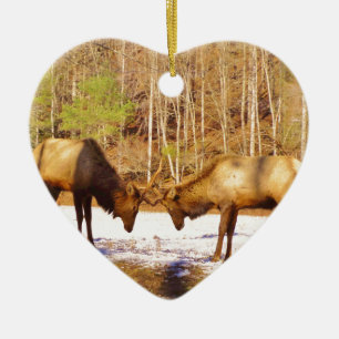 2~ two Bull Elk in the snow Ceramic Ornament