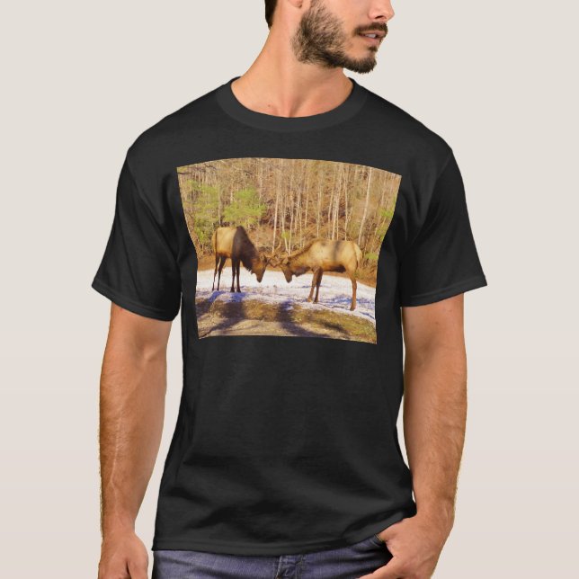 2~ two Bull Elk in the snow T-Shirt (Front)