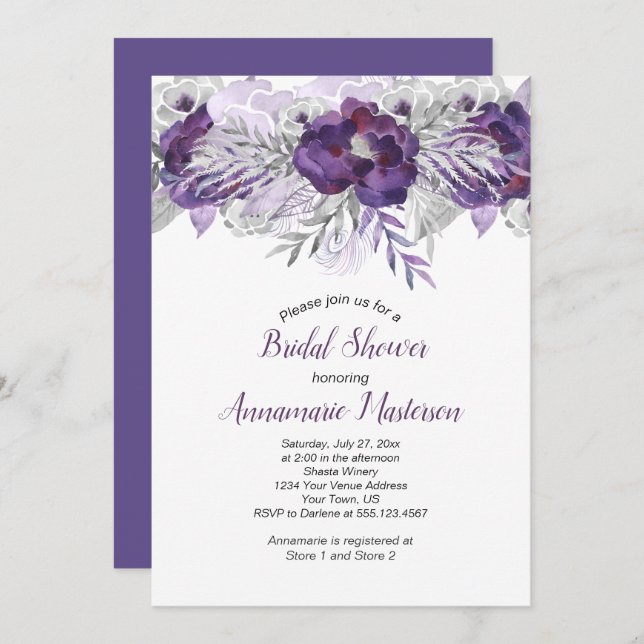 #2 Ultra Violet Lavender Grey Floral Bridal Shower Invitation (Front/Back)