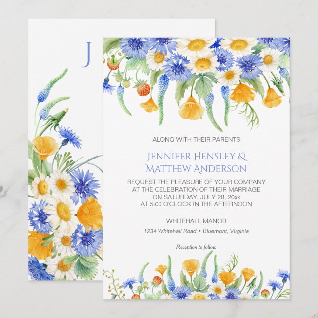#2 Watercolor Blue Yellow Wildflowers Invitations (Front/Back)