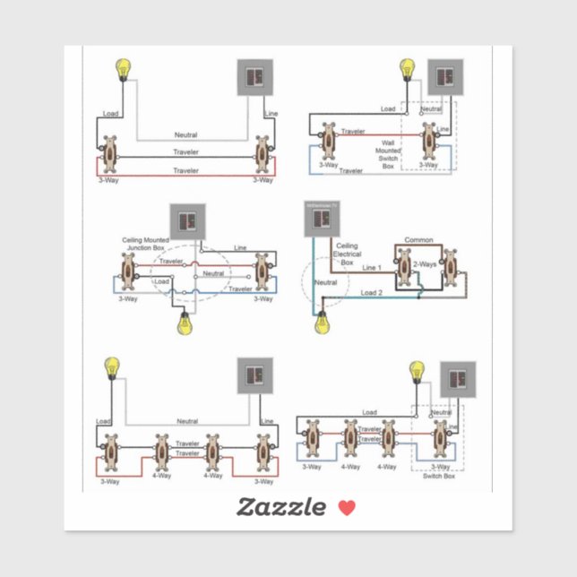 2-Way, 3-Way, 4-Way Switch Diagrams on One Sticker (Sheet)