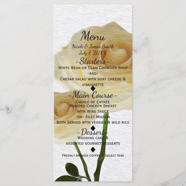 2 White Painted Roses Elegant Wedding Menu Card (Front)