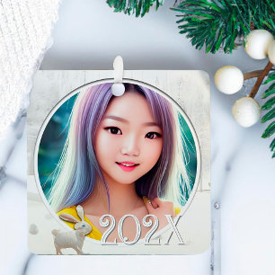 2 Winter Photos Woodland Snow Scene With Rabbit Metal Ornament