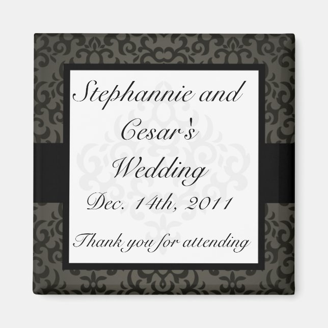 2"x2" Announcement Magnet Black and Grey Damask (Front)