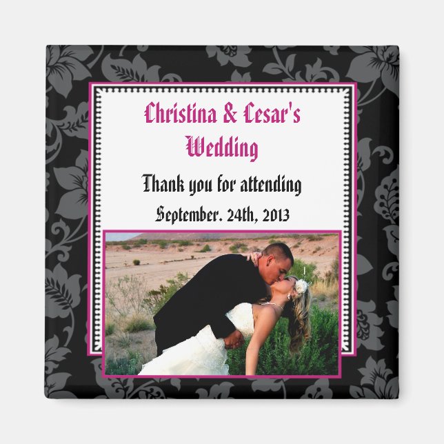 2"x2" Announcement Magnet Black Floral Hot Pink St (Front)