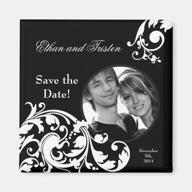 2"x2" Enregistrer la date Magnet noir blanc floral (Devant)