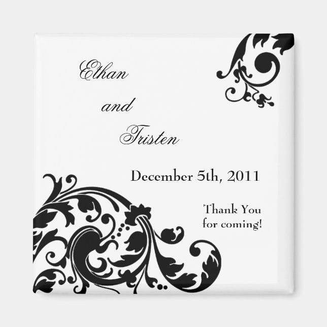 2"x2" Favoriser Aimant noir blanc floral Filigree (Devant)