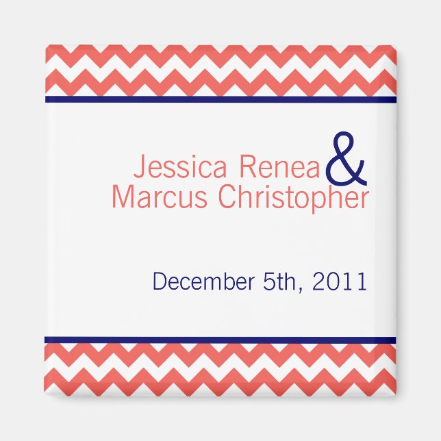 2"x2" Favour Magnet Coral Navy Blue Chevron Name (Front)