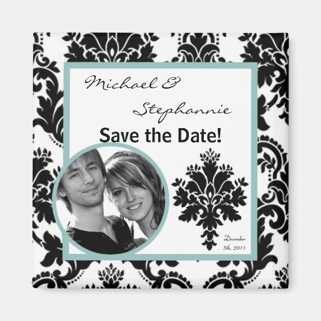 2"x2" Save the Date Magnet Black Damask (Front)