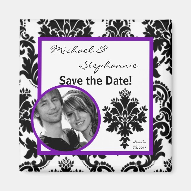 2"x2" Save the Date Magnet Black Purple Damask (Front)