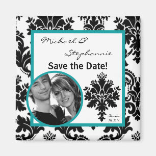 2"x2" Save the Date Magnet Black Teal Damask