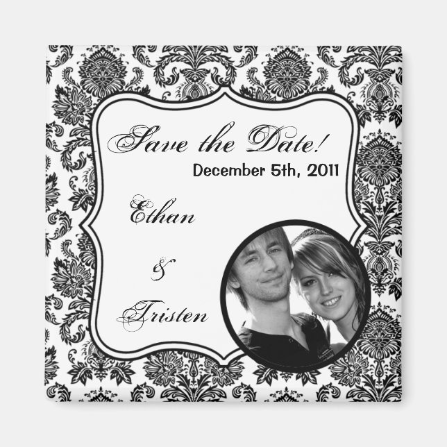 2"x2" Save the Date Magnet Black White Damask Lace (Front)