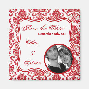 2"x2" Save the Date Magnet Red White Damask Lace