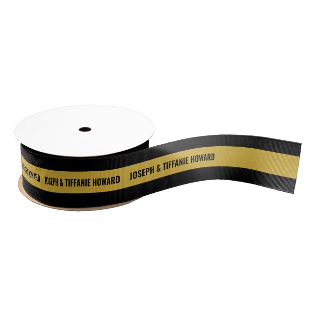 2 Yard Custom Text Black Gold Striped Ribbon Grosgrain Ribbon (Spool)