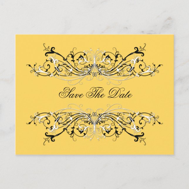 #2 Yellow Black White Swirls Save The Date Announcement Postcard (Front)