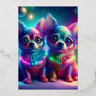 2 Young Chihuahua Pups In Colorful Christmas Scene Foil Holiday Card