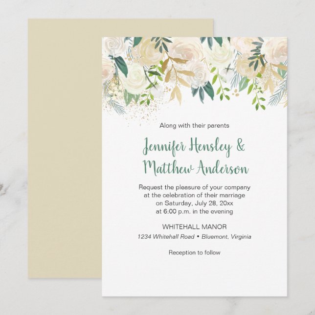 #2Cream White Roses Gold Glitter Green Gold Leaves Invitation (Front/Back)