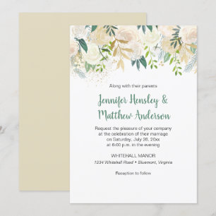 #2Cream White Roses Gold Glitter Green Gold Leaves Invitation