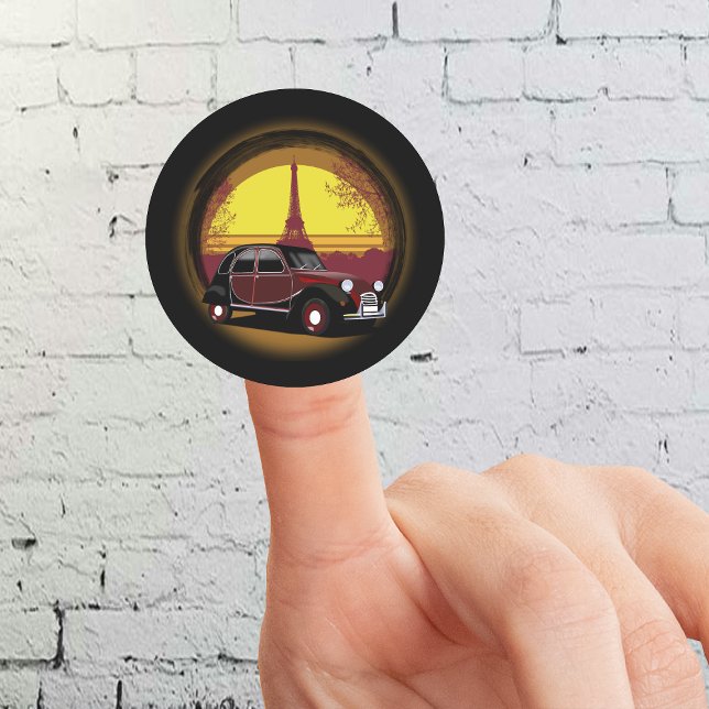 2CV Deux Chevaux Charleston Paris Eiffel Tower Sun Classic Round Sticker (2CV Round Sticker in Black with a Romantic Deux Chevaux Charleston Eiffel Tower Illustration)