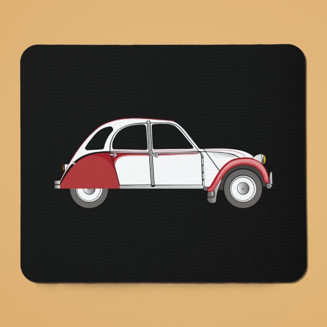 2CV Deux Chevaux Dolly Oldtimer Red Mouse Pad (2CV Mouse Pad in Black with a White Red Deux Chevaux Dolly Illustration)