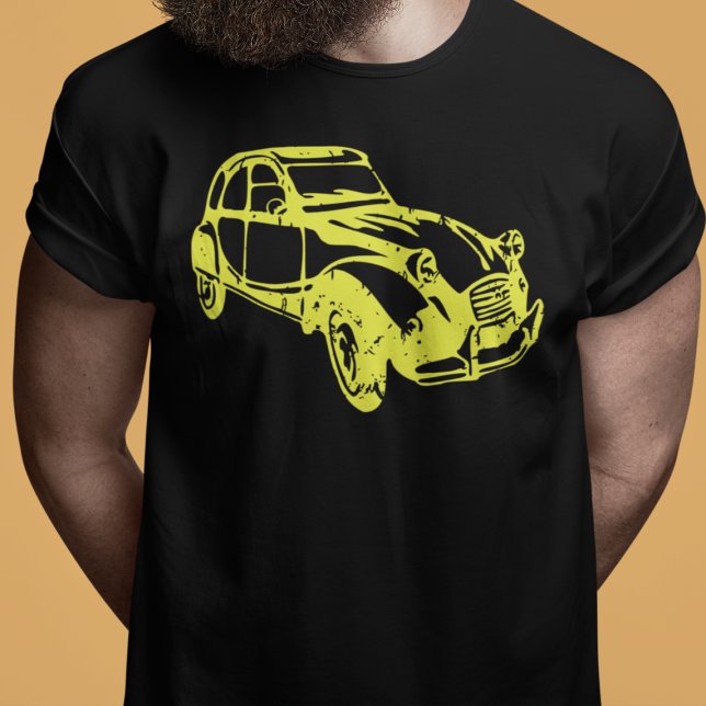 2CV Deux Chevaux Oldtimer Yellow Line Art T-Shirt (2CV Car Magnet in Black with a Yellow Deux Chevaux Illustration)