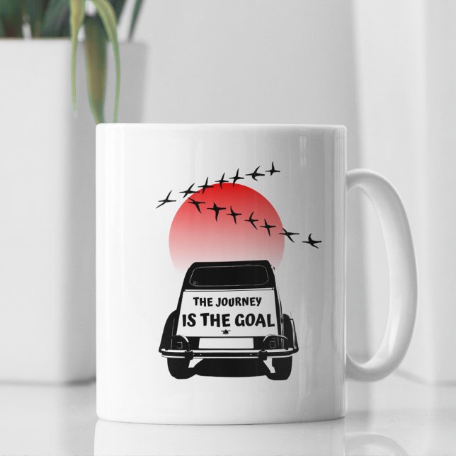 2CV Oldtimer Sunset - The journey is the goal   Coffee Mug (2CV Mug in White with a Red Sunset and Birds Illustration)