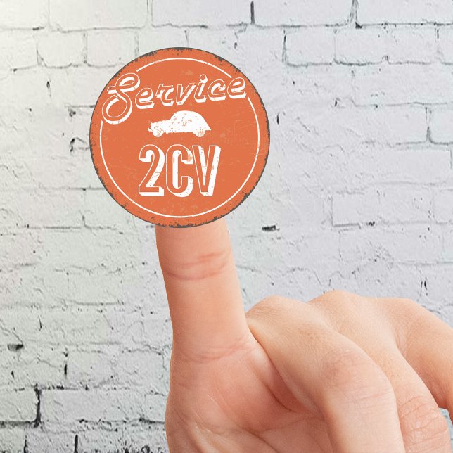 2CV Service Vintage Orange Carshop Typography Classic Round Sticker (2CV Round Sticker in Orange with a White Vintage Text and Deux Chevaux Illustration)