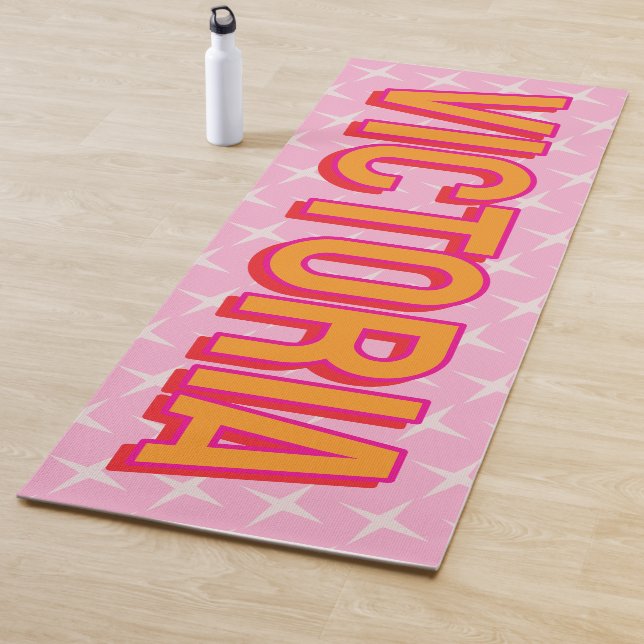2D Retro Stars Pink Red Name Yoga Mat (In Situ)