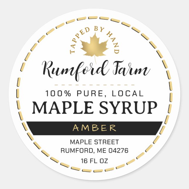 2Dotted Border Gold Leaf Traditional Maple Syrup Classic Round Sticker (Front)