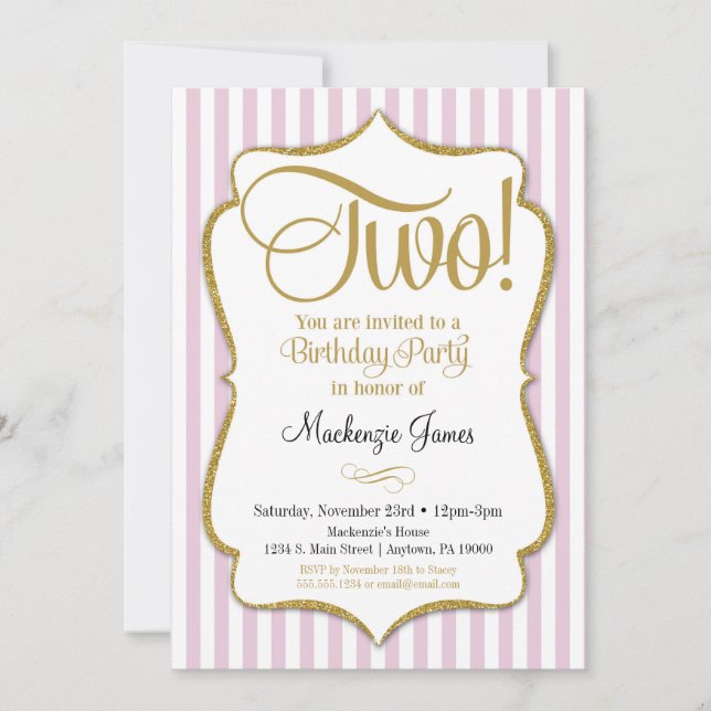 2e anniversaire Invitation Girls Deux ans Or rose (Devant)