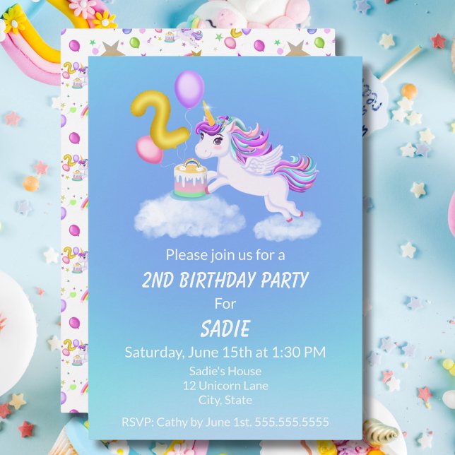 2e Anniversaire Unicorne Avec Invitation De Gâteau (Créateur téléchargé)