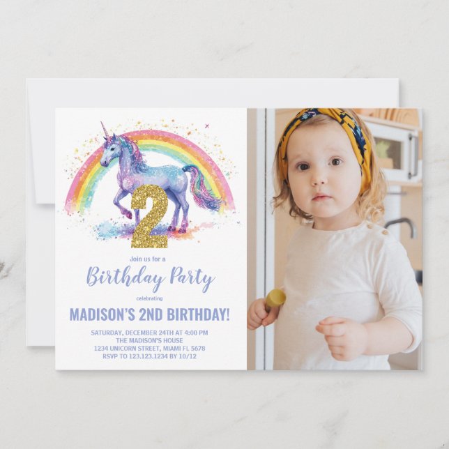 2e Rainbow Unicorn Birthday Invitations photo (Devant)