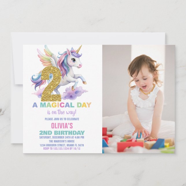 2e Rainbow Unicorn Invitations d'anniversaire avec (Devant)